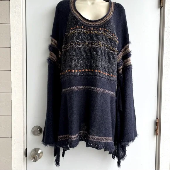Free People Navy Wool Mohair Alpaca Cotton Blend Sweater Size L - Picture 2 of 13